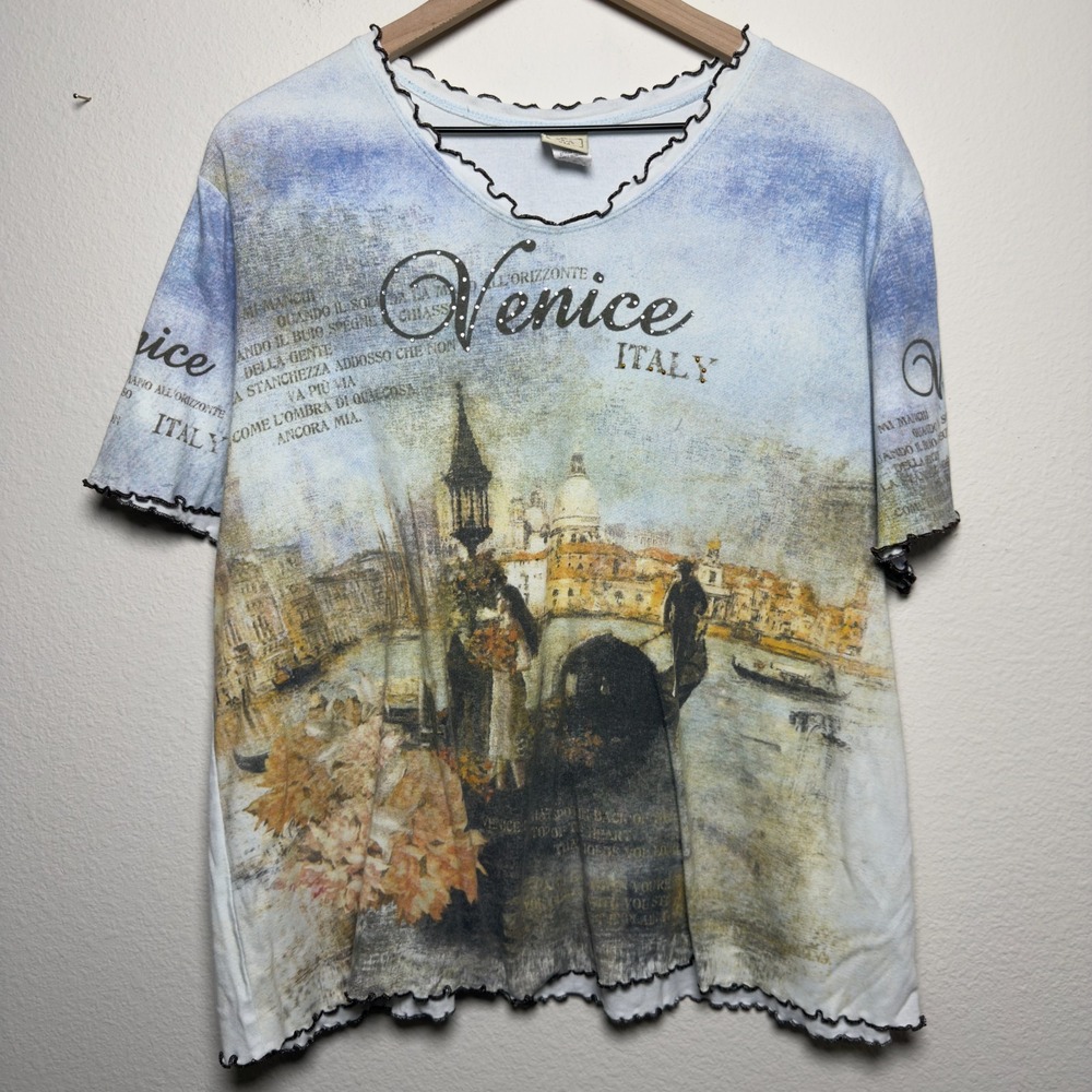 Jess & Jane Women Venice Italy Top XL Landscape Artsy Short Sleeve Vacation y2k‎